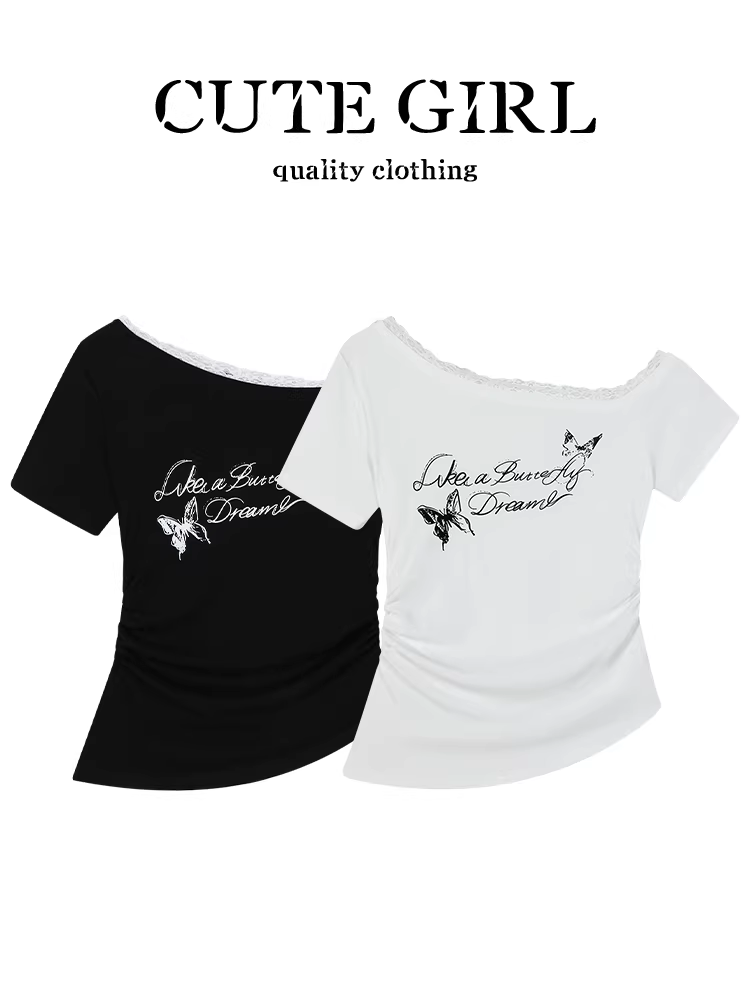 Áo thun ngắn tay màu trắng in hình vai bất đối xứng phong cách Hàn Quốc dành cho nữ mùa hè áo ren thanh lịch