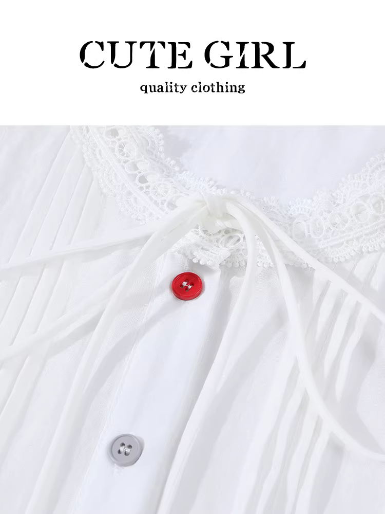 Áo sơ mi ngắn tay màu trắng cổ tròn ren kiểu Pháp dễ thương dành cho nữ mùa hè Áo kiểu buộc dây độc đáo