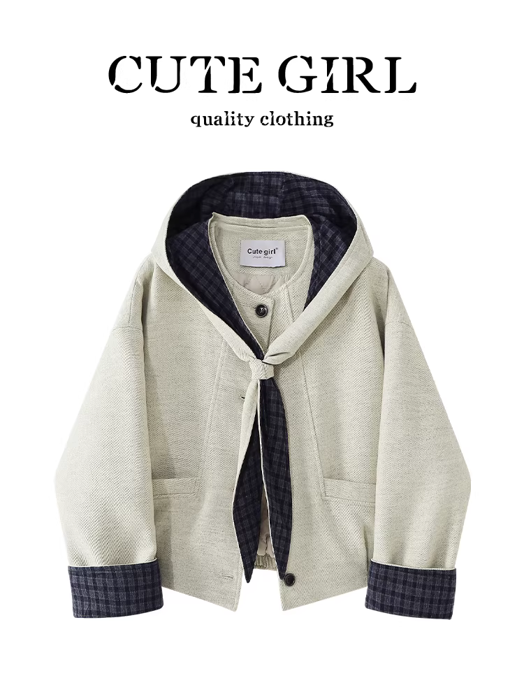 Áo khoác len ngắn một hàng khuy kẻ sọc tương phản phong cách Hàn Quốc dành cho nữ, áo khoác len thường ngày mùa thu với khí chất thanh lịch