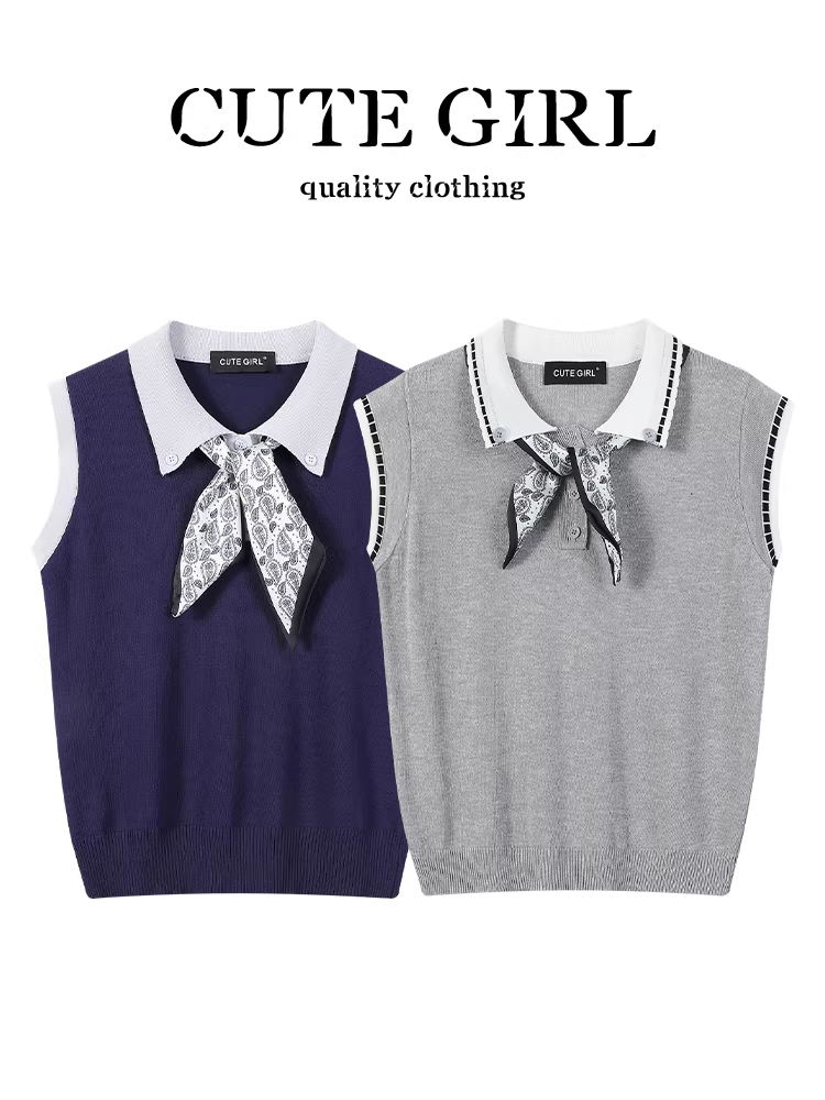 Áo dệt kim phối màu xám cao cấp phong cách Pháp có khăn quàng cổ dành cho nữ, áo không tay bằng lụa băng cổ điển mùa hè