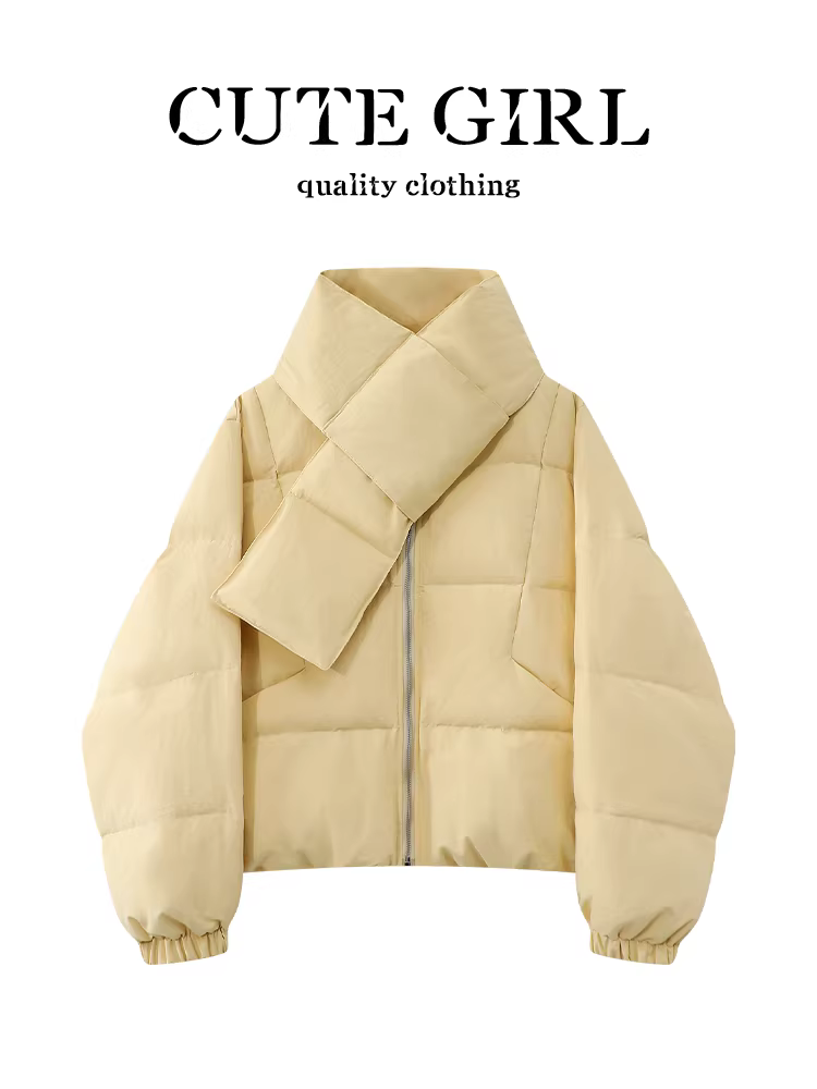 Áo khoác ngắn màu vàng sành điệu có khăn quàng cổ dành cho nữ, mùa thu đông, dáng nhỏ nhắn, dáng rộng, áo khoác phồng đa năng