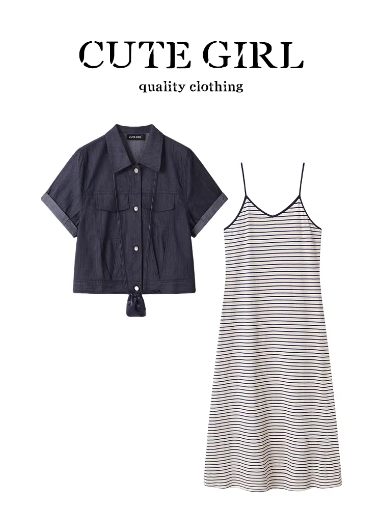Bộ trang phục mùa hè phong cách Hàn Quốc CuteGirl dành cho nữ, áo sơ mi denim ngắn tay và váy hai dây sọc