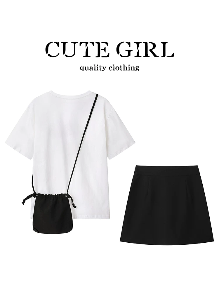 Bộ trang phục mùa hè xinh xắn của CuteGirl dành cho nữ, áo thun ngắn tay in chữ màu trắng, váy chữ A, bộ ba món