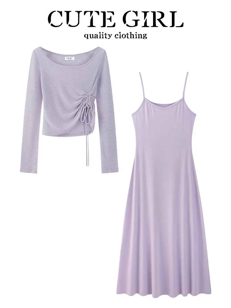 CuteGirl phong cách dịu dàng váy dây màu tím thiết kế mùa xuân dành cho nữ áo có dây rút eo bộ đồ hai mảnh
