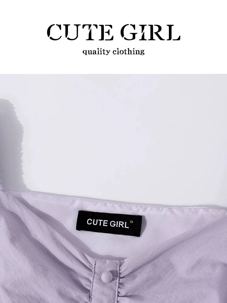 CuteGirl phong cách ngọt ngào Hàn Quốc áo sơ mi tay phồng cổ chữ V màu tím mùa hè dành cho nữ áo viền xù thanh lịch