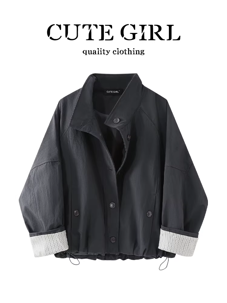 Áo khoác gió ngắn cổ đứng phong cách retro của CuteGirl dành cho nữ, áo khoác thường ngày cao cấp phong cách Hồng Kông mùa thu