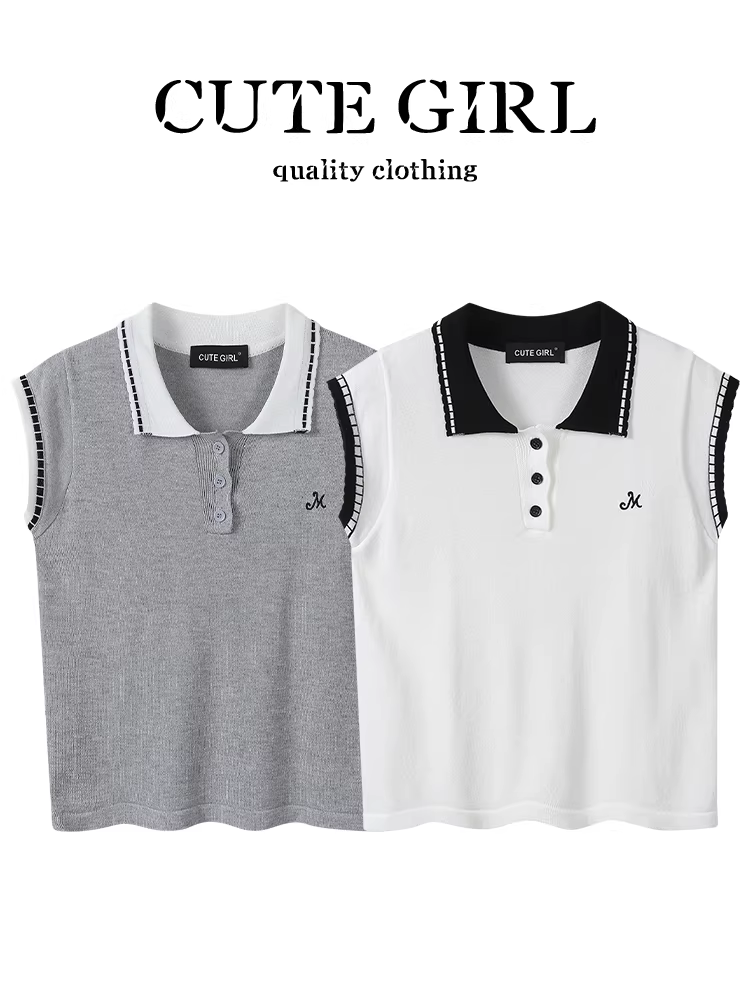 Áo thun nữ tay ngắn cổ Polo ren thiết kế CuteGirl chất liệu lụa đá mùa hè dáng rộng, phong cách thường ngày, đa năng, chất liệu dệt kim