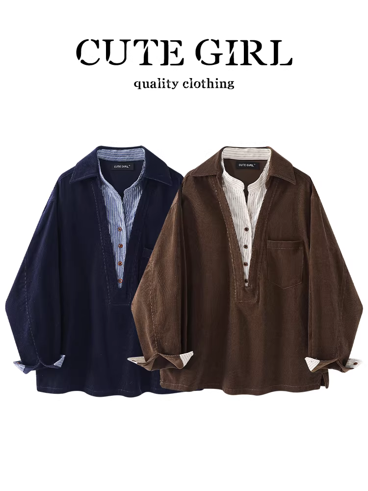 Áo sơ mi giả hai mảnh màu cà phê cổ điển của CuteGirl dành cho nữ, áo sơ mi đi làm đa năng dáng rộng cao cấp mùa thu