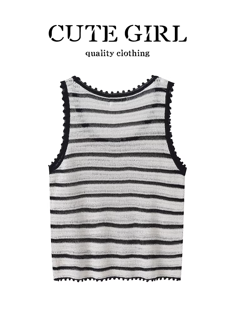 Áo vest dệt kim sọc cổ điển phong cách Hàn Quốc dành cho nữ, thiết kế đầu thu, kiểu dáng ôm sát bên trong.