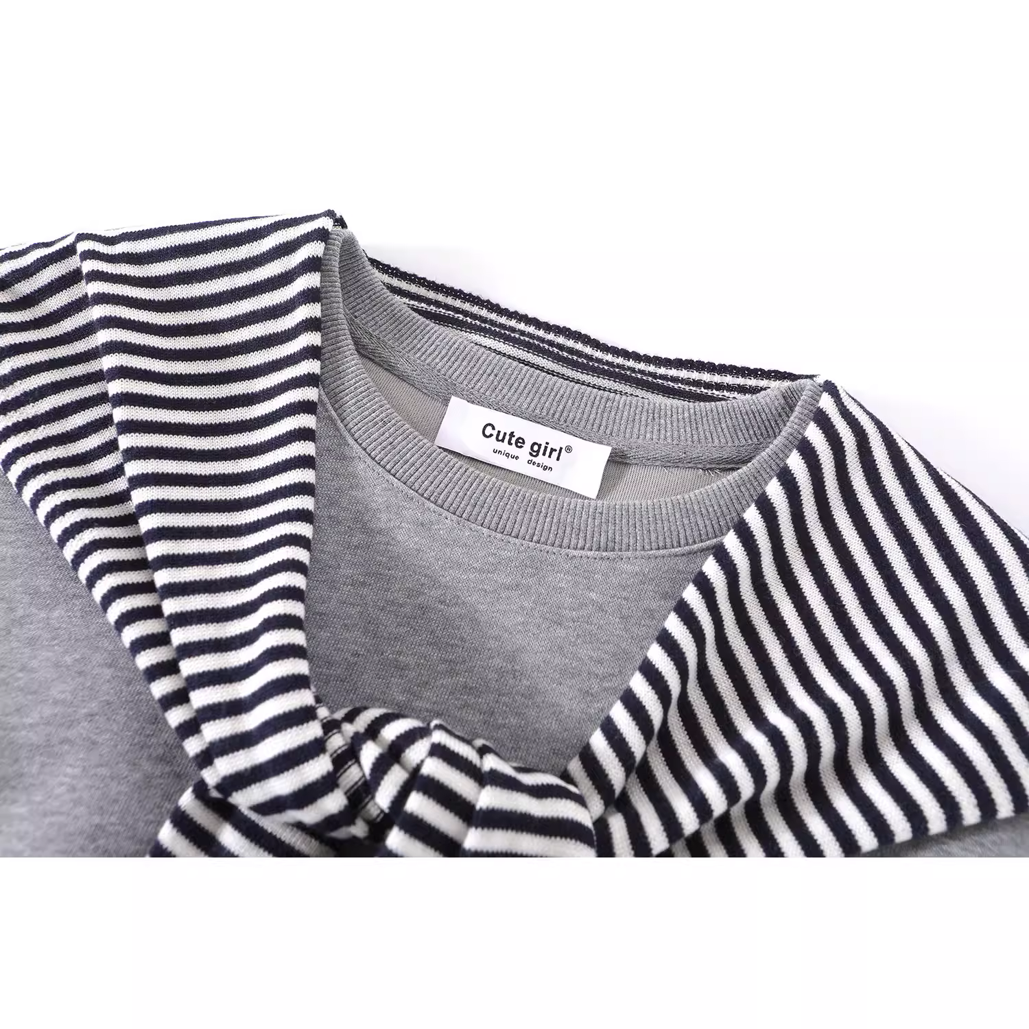 Áo len sọc xám phong cách lười biếng CuteGirl dành cho nữ, bộ hai mảnh cổ tròn cổ điển mùa thu