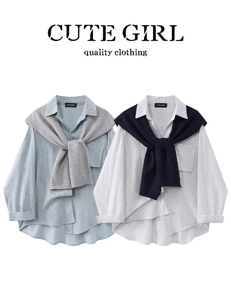 Áo sơ mi sọc trắng có túi độc đáo theo phong cách Hàn Quốc dành cho nữ, áo sơ mi dài tay phong cách đại học mùa thu