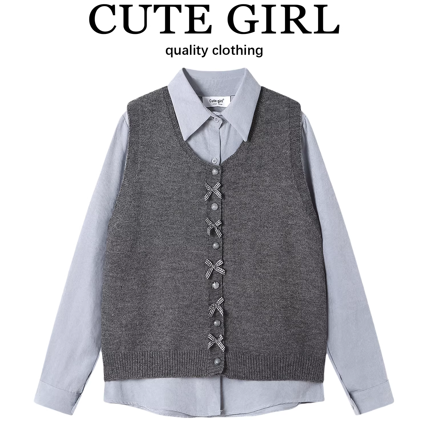 CuteGirl thời trang Hàn Quốc áo len dệt kim thắt nơ ngọt ngào dành cho nữ mùa xuân áo sơ mi dài tay xếp lớp bộ hai món