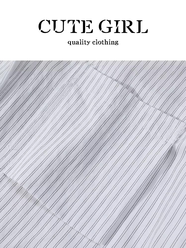 Áo sơ mi sọc trắng có túi độc đáo theo phong cách Hàn Quốc dành cho nữ, áo sơ mi dài tay phong cách đại học mùa thu