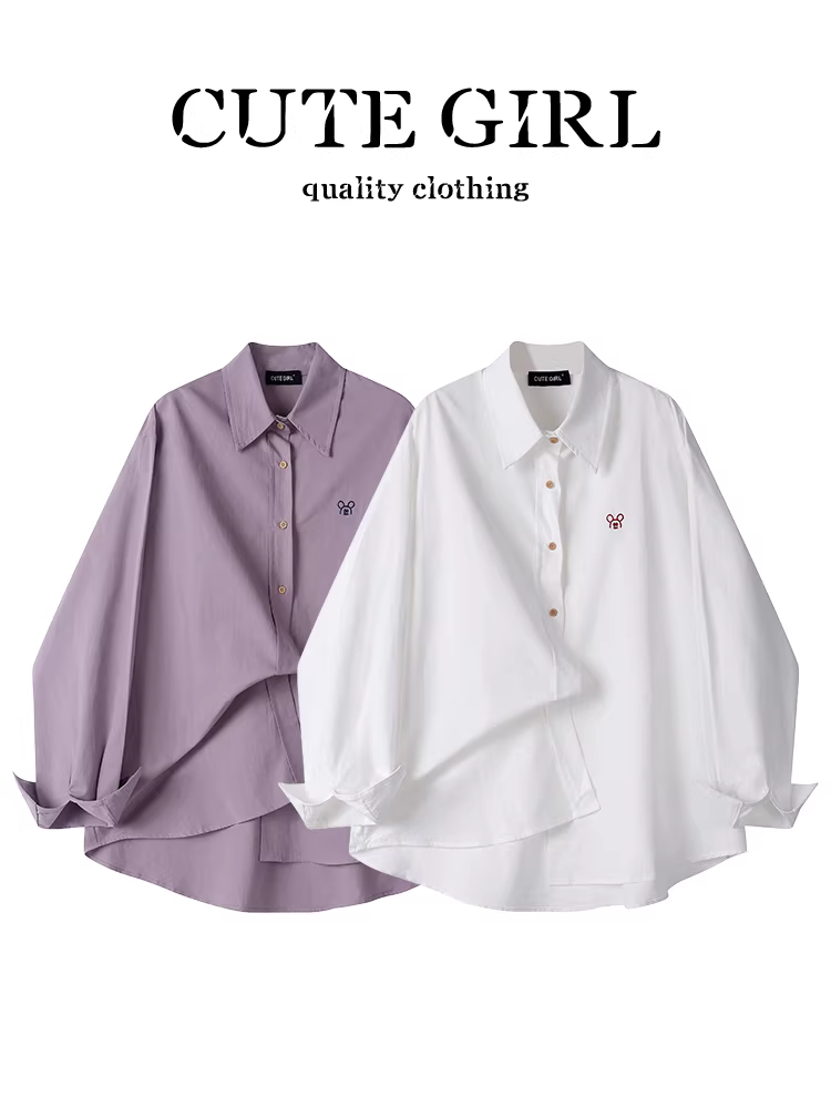 Áo sơ mi cổ polo thêu trắng thiết kế CuteGirl dành cho nữ, áo sơ mi đi làm đa năng dáng rộng cao cấp mùa thu