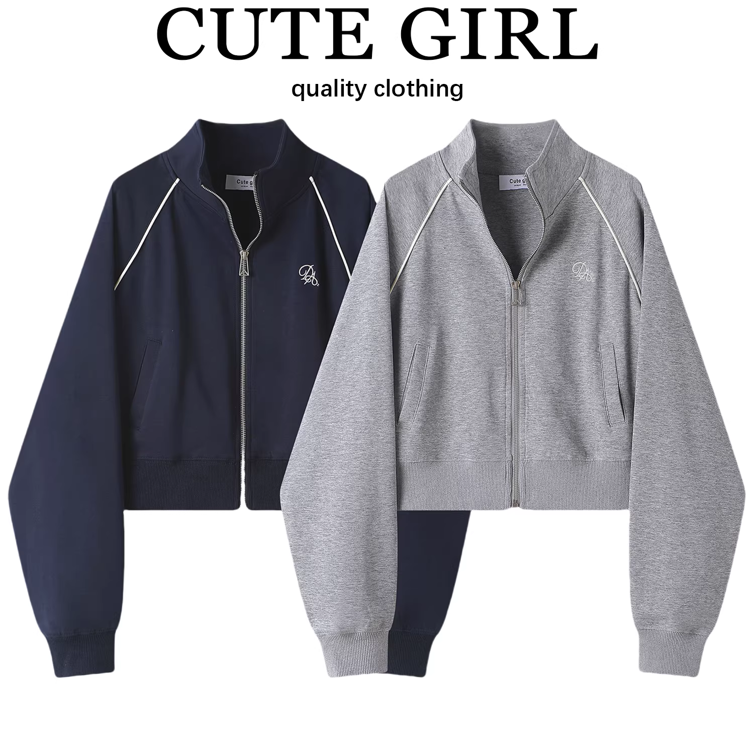 Áo khoác len có dây kéo màu xám cổ điển của CuteGirl Hàn Quốc dành cho nữ mùa xuân phong cách thể thao áo cardigan thêu