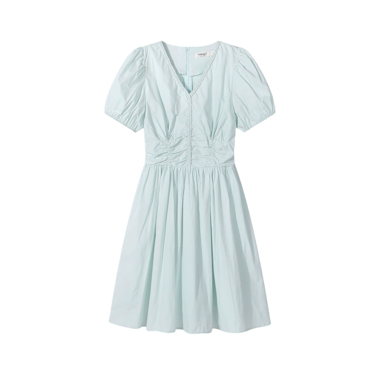 CuteGirl Đầm tay phồng cổ chữ V thanh lịch phong cách Hàn Quốc dành cho nữ, váy ngắn chữ A lưng cao phong cách dịu dàng mùa hè