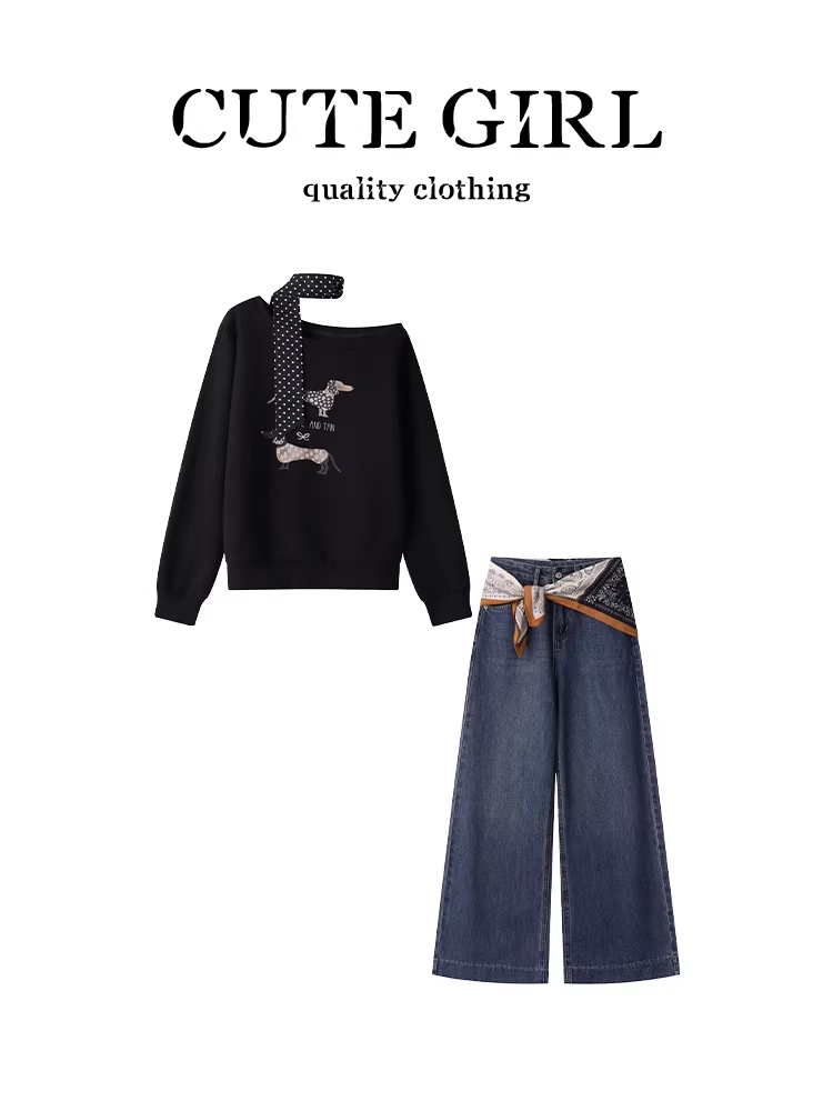 Bộ trang phục giảm tuổi tác CuteGirl dành cho nữ, áo len dài tay in họa tiết màu đen mùa thu và quần denim ống rộng hai mảnh