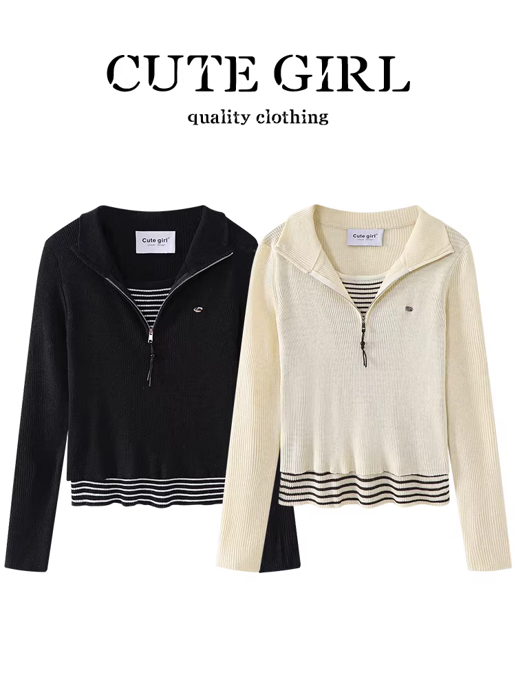 Áo len dệt kim giả hai mảnh có khóa kéo màu mơ kiểu Pháp của CuteGirl dành cho nữ, áo sơ mi cơ bản đa năng dáng ôm mùa thu