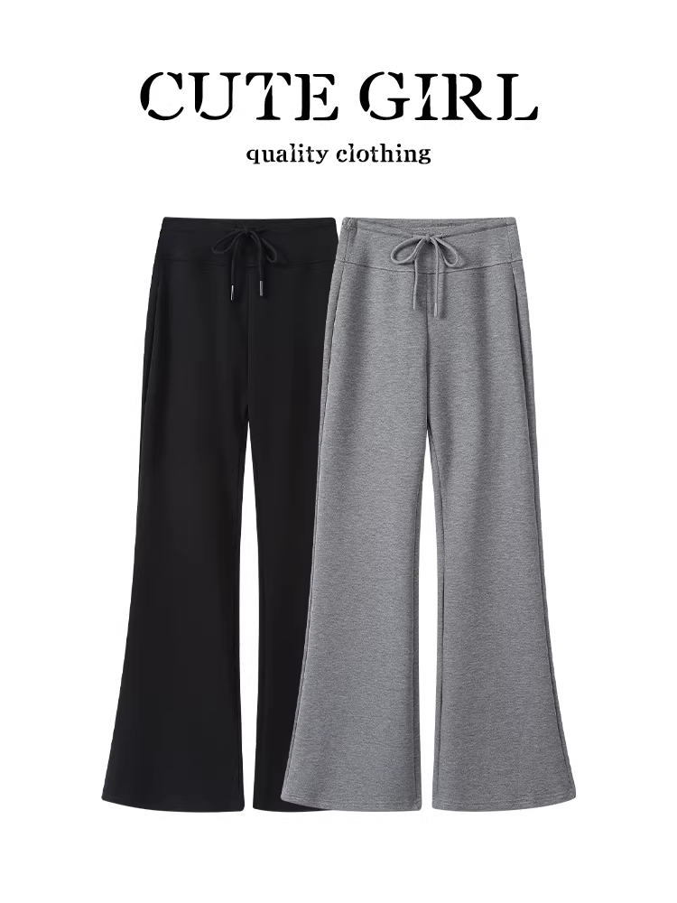 Quần ống loe kiểu Mỹ cổ điển dễ thương dành cho nữ, quần thể thao dây rút đa năng cạp cao mùa thu giúp thon gọn