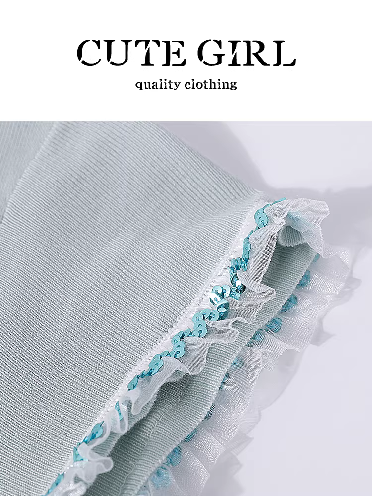 Áo thun ngắn tay dệt kim ren sequin màu xanh lá cây cao cấp phong cách Hàn Quốc dành cho nữ mùa hè