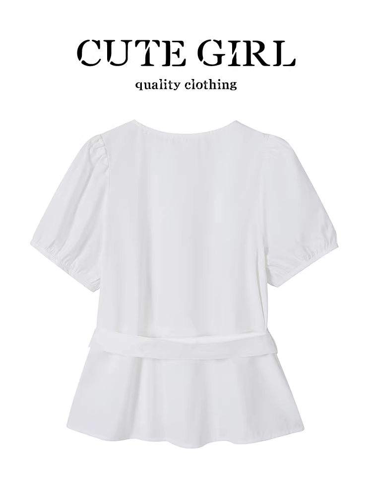 Áo sơ mi ngắn tay cổ chữ V thắt eo phong cách Pháp dễ thương dành cho nữ, áo tay phồng đa năng mùa hè