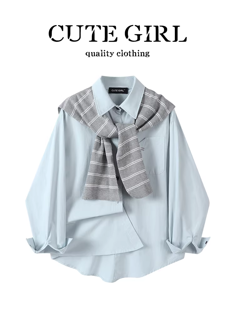Áo sơ mi dài tay lấy cảm hứng từ thiết kế CuteGirl có cổ khăn choàng dành cho nữ, áo sơ mi dáng rộng giản dị đa năng giảm tuổi tác đầu thu