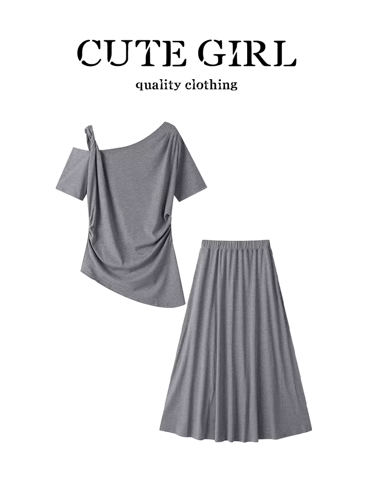 Bộ trang phục phong cách lười biếng và thư giãn của CuteGirl dành cho nữ, áo thun ngắn tay trễ vai phong cách retro mùa hè, váy hai mảnh giảm béo