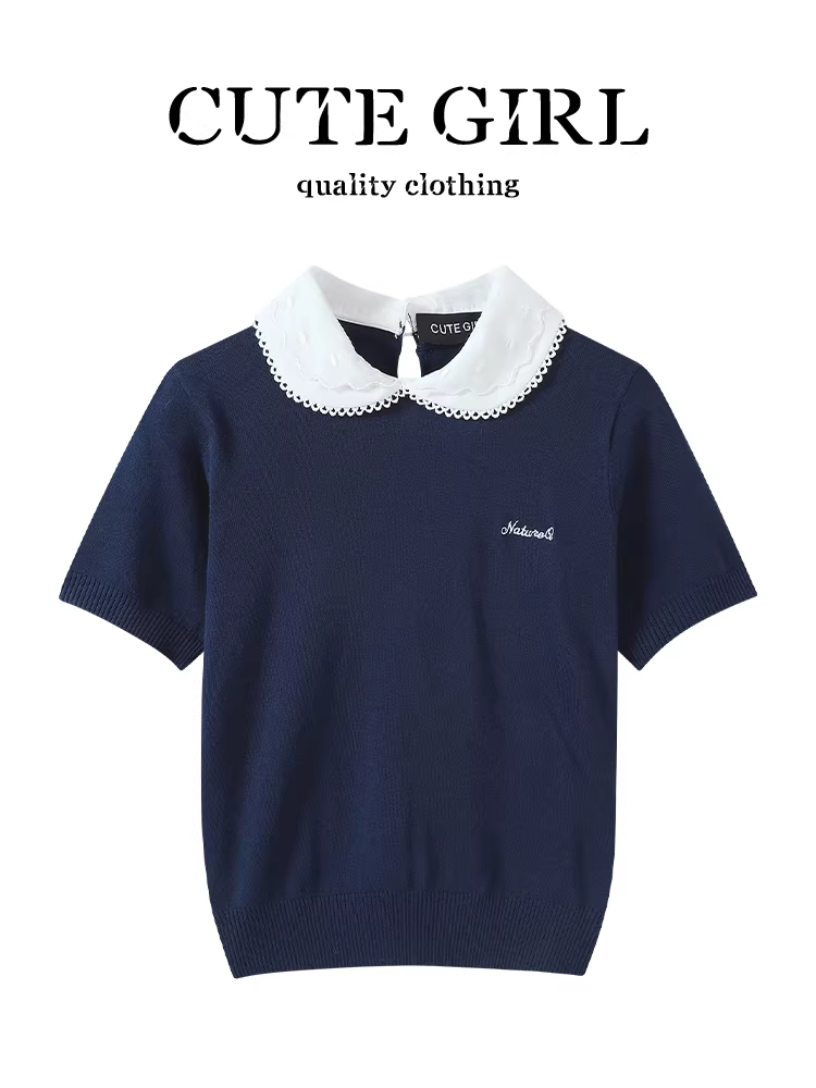 Áo dệt kim ngắn tay cổ búp bê ngọt ngào phong cách Hàn Quốc dành cho nữ vào đầu mùa thu, dáng rộng và đa năng, áo giảm tuổi tác