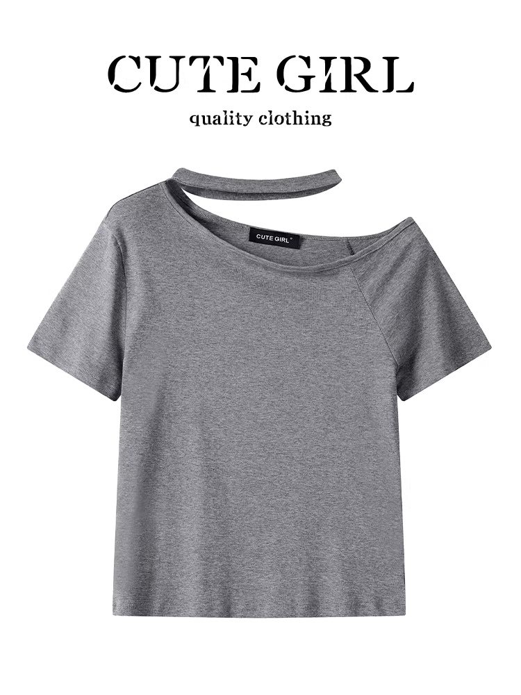 Áo thun ngắn tay cổ trễ vai màu xám độc đáo phong cách Hàn Quốc dành cho nữ, thiết kế mùa hè, áo ôm dáng vừa vặn