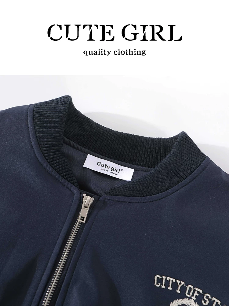 Áo khoác bóng chày thêu màu xanh kiểu Mỹ của CuteGirl dành cho nữ, mùa thu đông, phong cách preppy, áo khoác dáng rộng, giản dị, đa năng