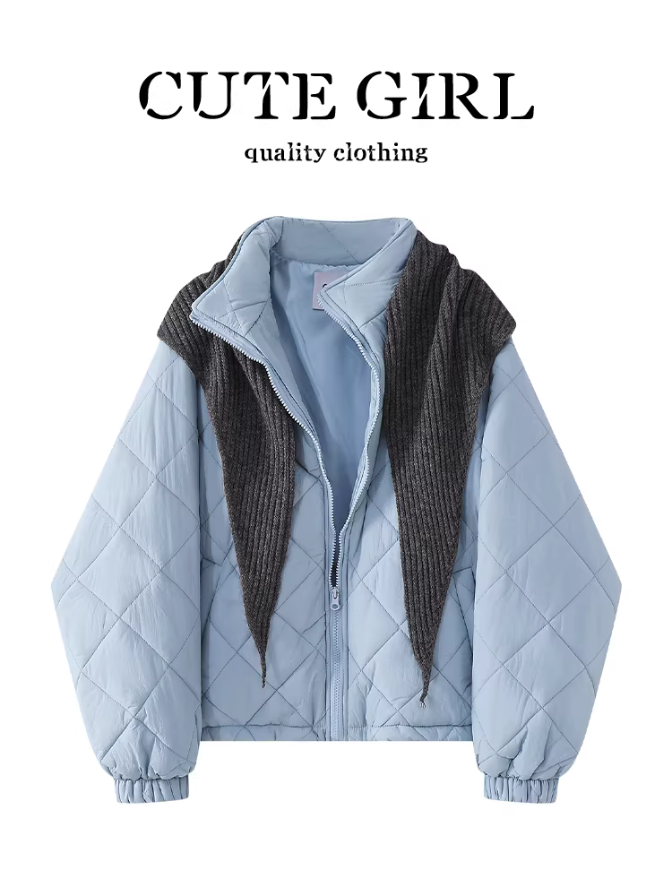 Áo khoác chần bông màu xanh phong cách Hàn Quốc có khăn choàng dành cho nữ, mùa thu đông, áo khoác cotton nhỏ nhắn, rộng rãi, đa năng, giảm tuổi tác.