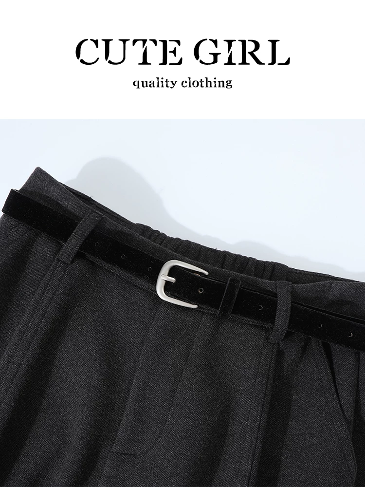 Quần ống rộng len màu xám đậm phong cách retro Hàn Quốc dành cho nữ, mùa thu đông, thanh lịch, rộng rãi, giản dị, quần thường ngày lót lông cừu