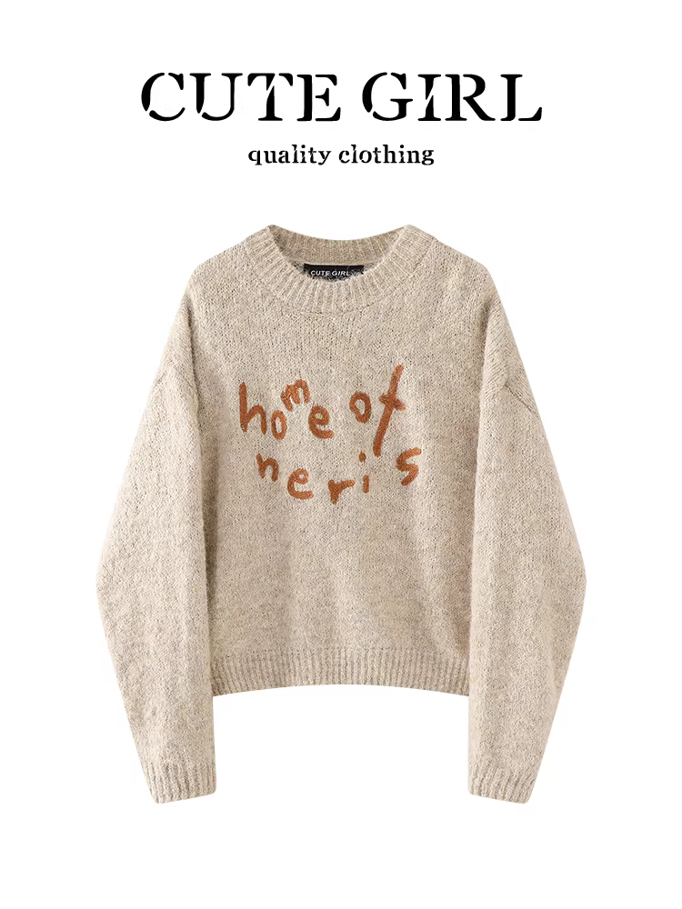 Áo len cổ tròn kiểu Pháp CuteGirl dành cho nữ, thiết kế thu đông, dáng rộng và đa năng, áo giảm tuổi tác
