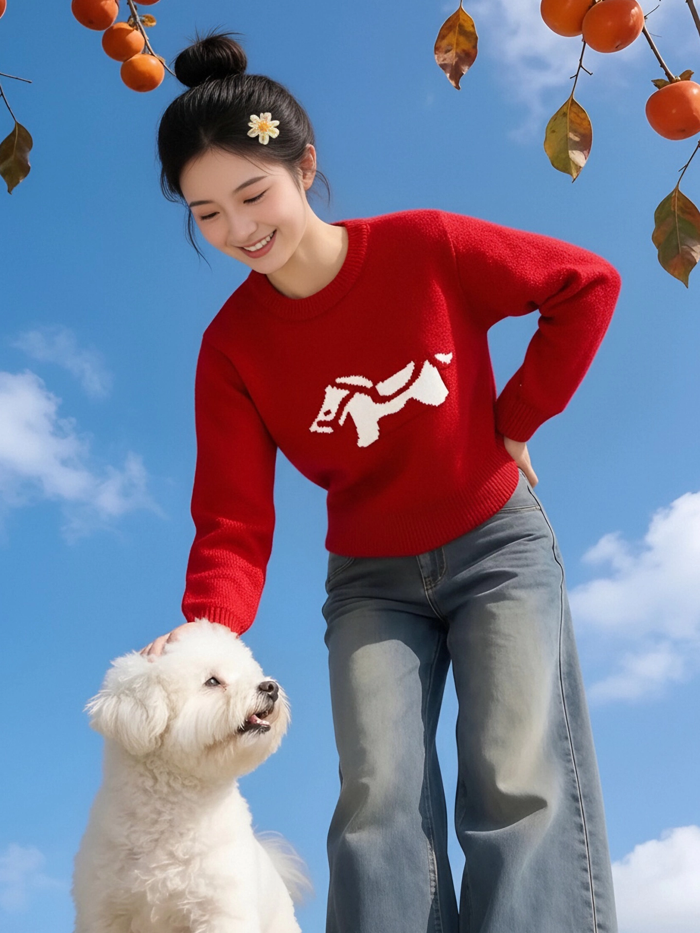 Áo len jacquard màu đỏ cổ điển của CuteGirl dành cho nữ, phong cách Giáng sinh mùa đông, dáng rộng và đa năng, áo kiểu dáng thời trang