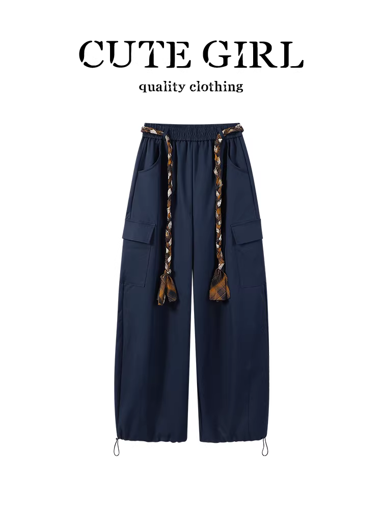 Quần cargo kiểu Mỹ màu xanh hải quân CuteGirl dành cho nữ, thiết kế mùa thu, dáng rộng, tôn dáng, quần thường ngày đa năng