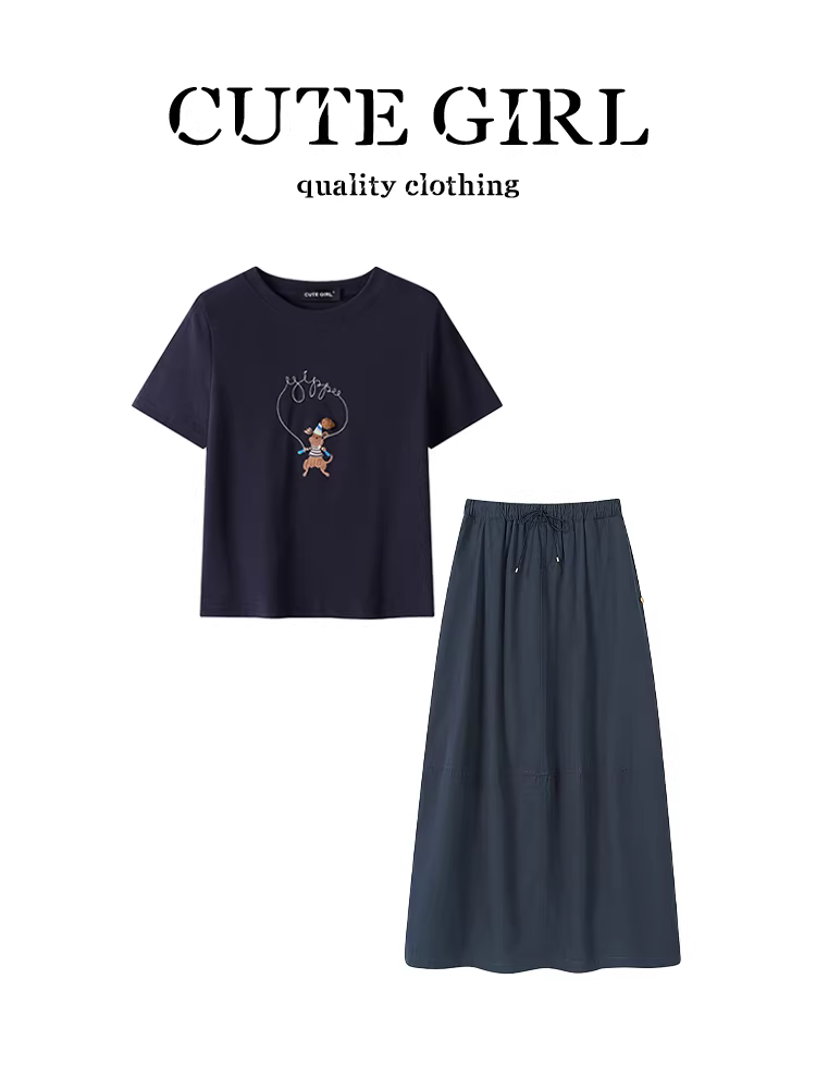 CuteGirl phong cách Hàn Quốc Bộ đồ nhỏ độc đáo và đẹp mắt dành cho nữ mùa hè Áo thun in hình hoạt hình váy lưng cao Bộ hai món