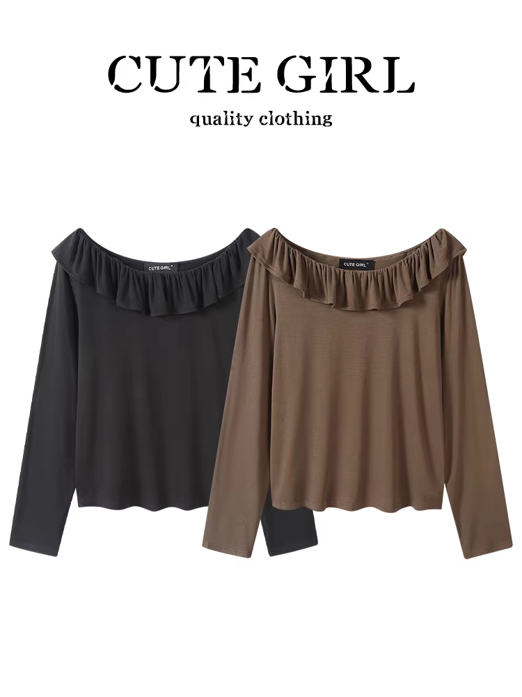 Áo thun dài tay trễ vai kiểu Hàn Quốc CuteGirl dành cho nữ, phong cách ngọt ngào đầu thu, dáng rộng và đa năng, áo giảm tuổi tác