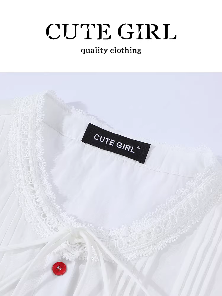 Áo sơ mi ngắn tay màu trắng cổ tròn ren kiểu Pháp dễ thương dành cho nữ mùa hè Áo kiểu buộc dây độc đáo
