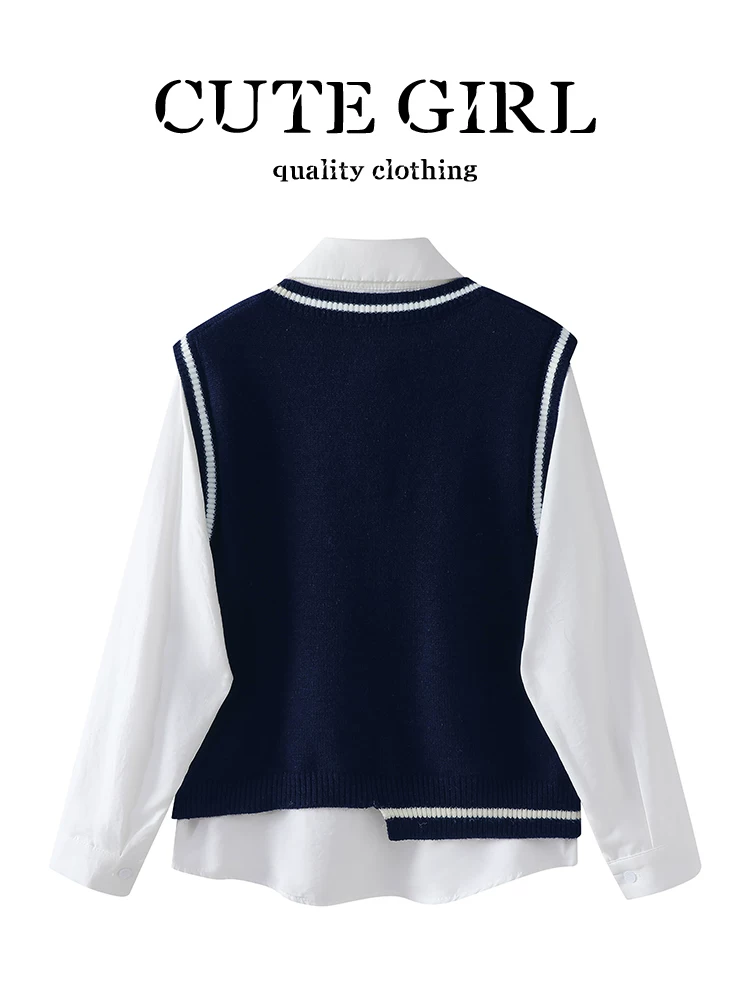 Áo vest dệt kim bất đối xứng phong cách preppy của CuteGirl dành cho nữ, trang phục bên trong mùa thu với bộ hai mảnh áo sơ mi trắng