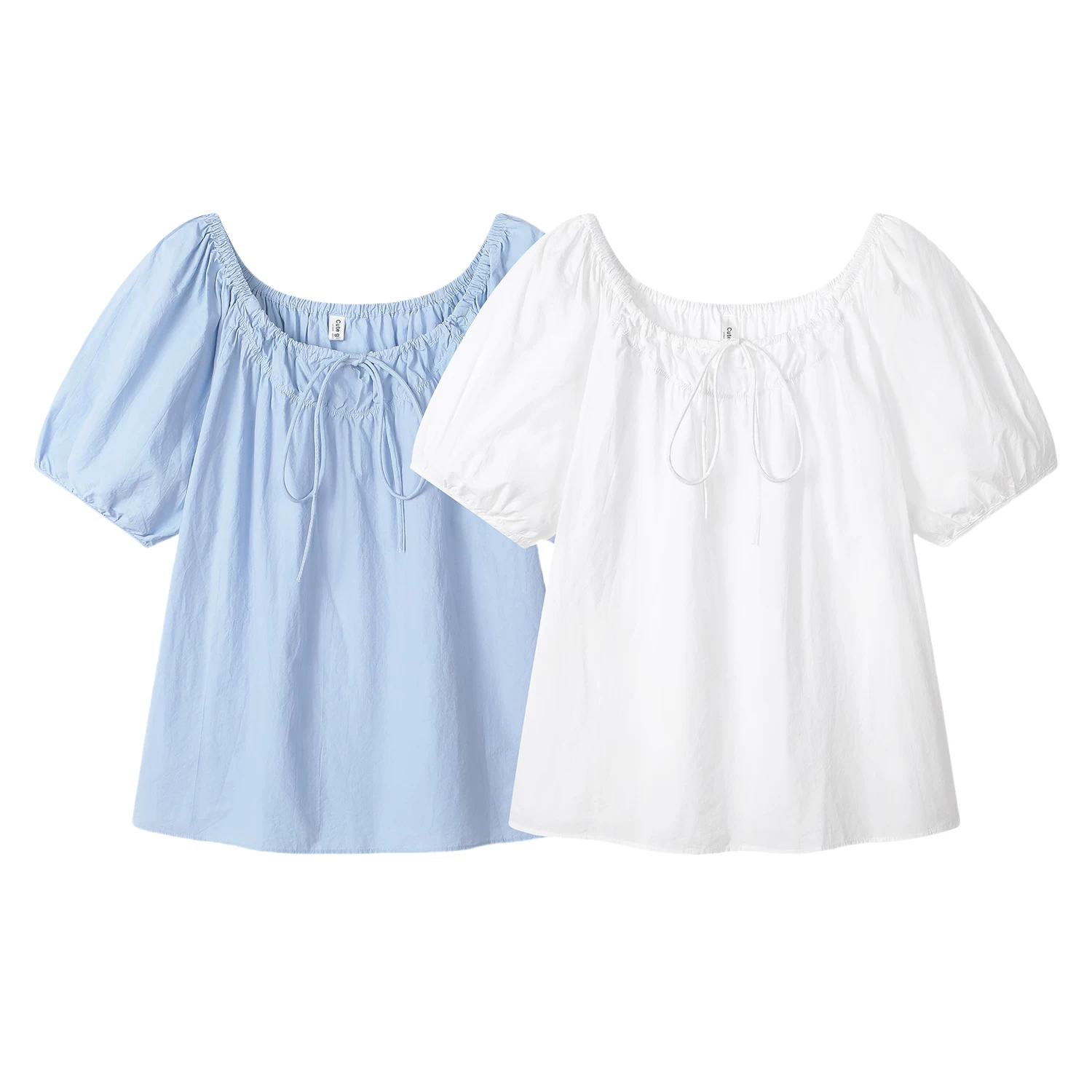 Áo sơ mi chui đầu màu xanh xếp ly cổ tròn buộc dây phong cách Hàn Quốc dành cho nữ, áo sơ mi babydoll dáng rộng mùa hè.