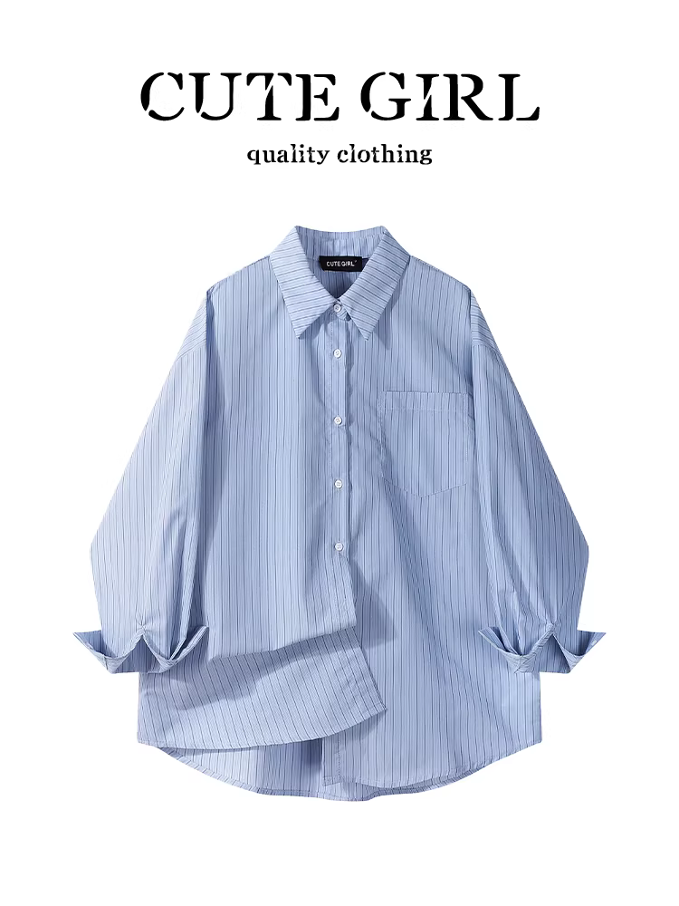 Áo sơ mi dài tay cổ polo sọc xanh lấy cảm hứng từ thiết kế CuteGirl dành cho nữ, phong cách mùa thu, dáng rộng, áo đi làm đa năng.