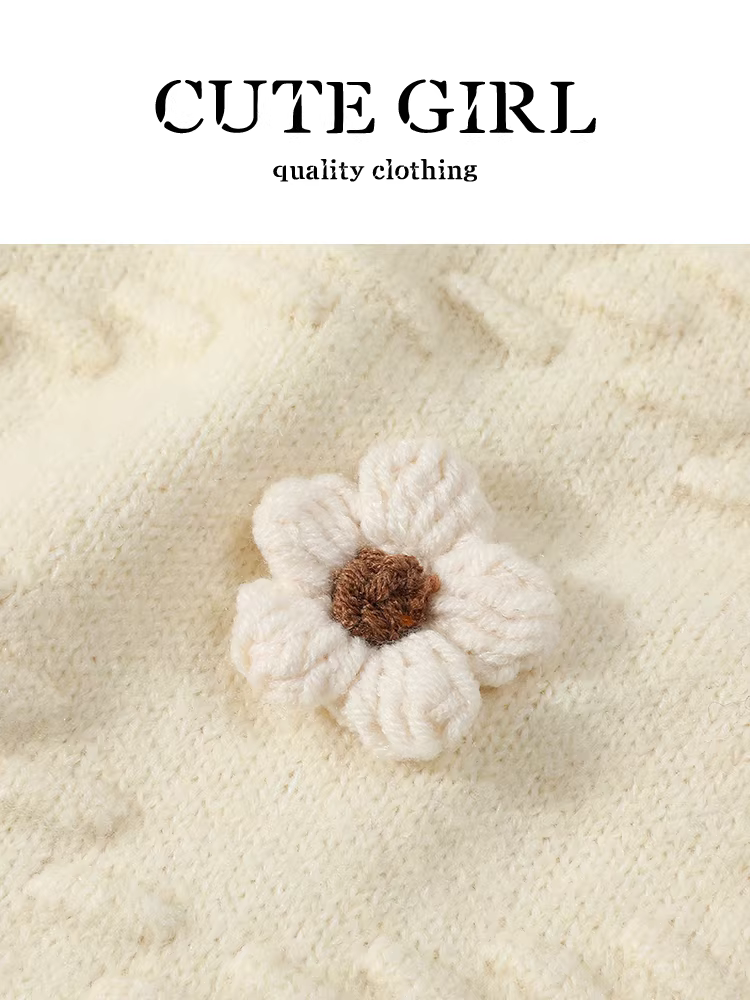 Áo len cổ tròn hoa ba chiều phong cách Pháp của CuteGirl dành cho nữ, thiết kế thu đông, giản dị và đa năng, áo dáng ôm