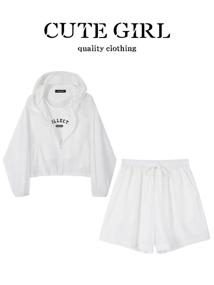 Bộ đồ nhỏ xinh mùa hè dành cho nữ, áo khoác ngắn chống nắng màu trắng thể thao và giải trí, quần short có dây đeo bộ ba món
