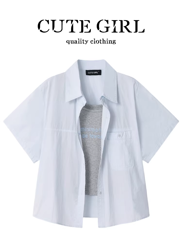 Áo chống nắng ngắn tay màu xanh phong cách Hàn Quốc dễ thương dành cho nữ trong mùa hè với bộ hai mảnh in hình áo yếm