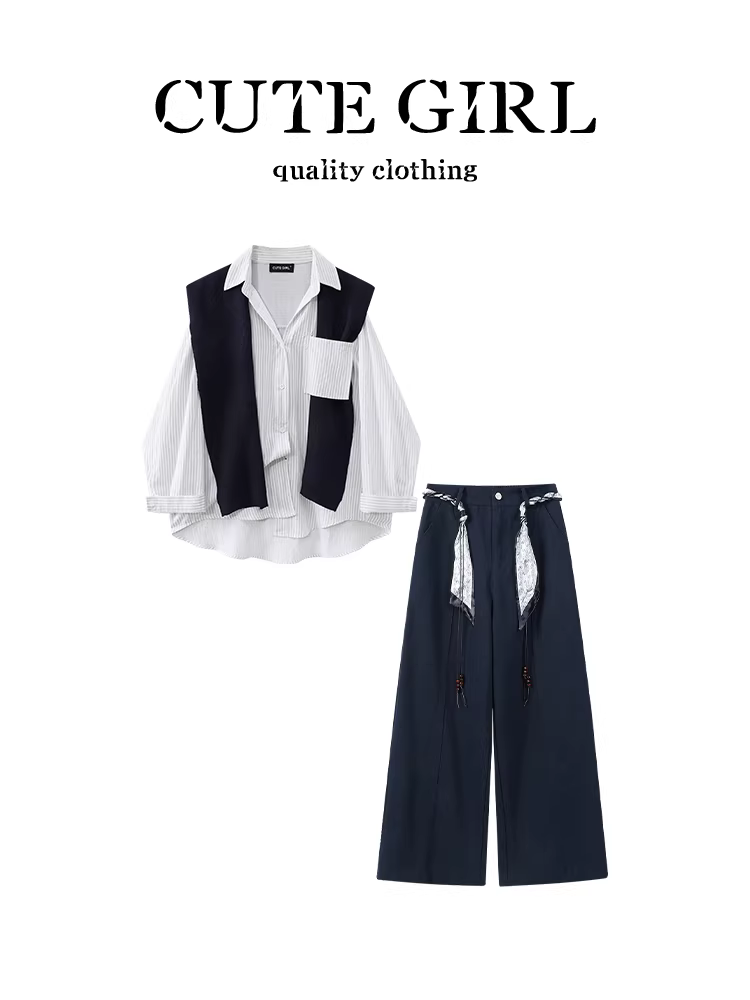Bộ đồ hai mảnh kiểu Hàn Quốc dễ thương: áo sơ mi trắng dài tay có túi độc đáo và quần ống rộng lưng cao dáng dài dành cho nữ mùa thu