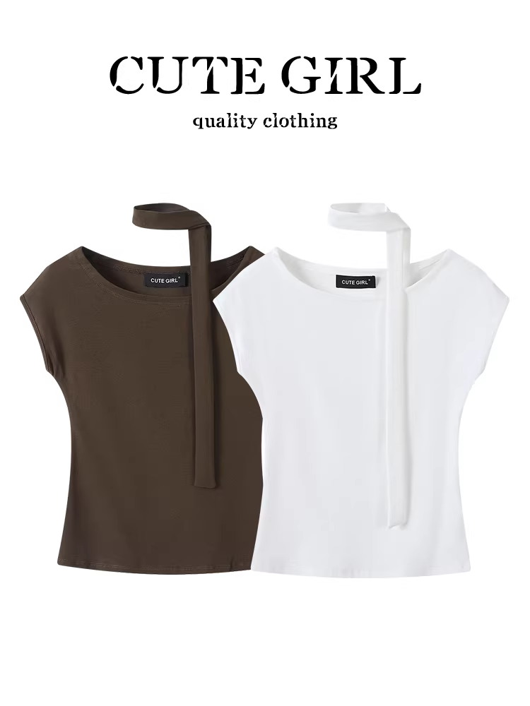 Áo thun ngắn tay màu trắng phong cách Hàn Quốc của CuteGirl dành cho nữ với tay áo xòe, vẻ đẹp mùa hè với eo thon và cổ dây có ruy băng.