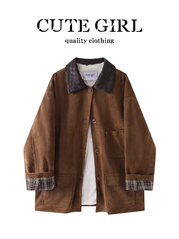 Áo khoác da lộn dài vừa phải có lót lông cừu cổ điển của CuteGirl Melard dành cho nữ, áo khoác biker cổ chắp vá sang trọng mùa đông