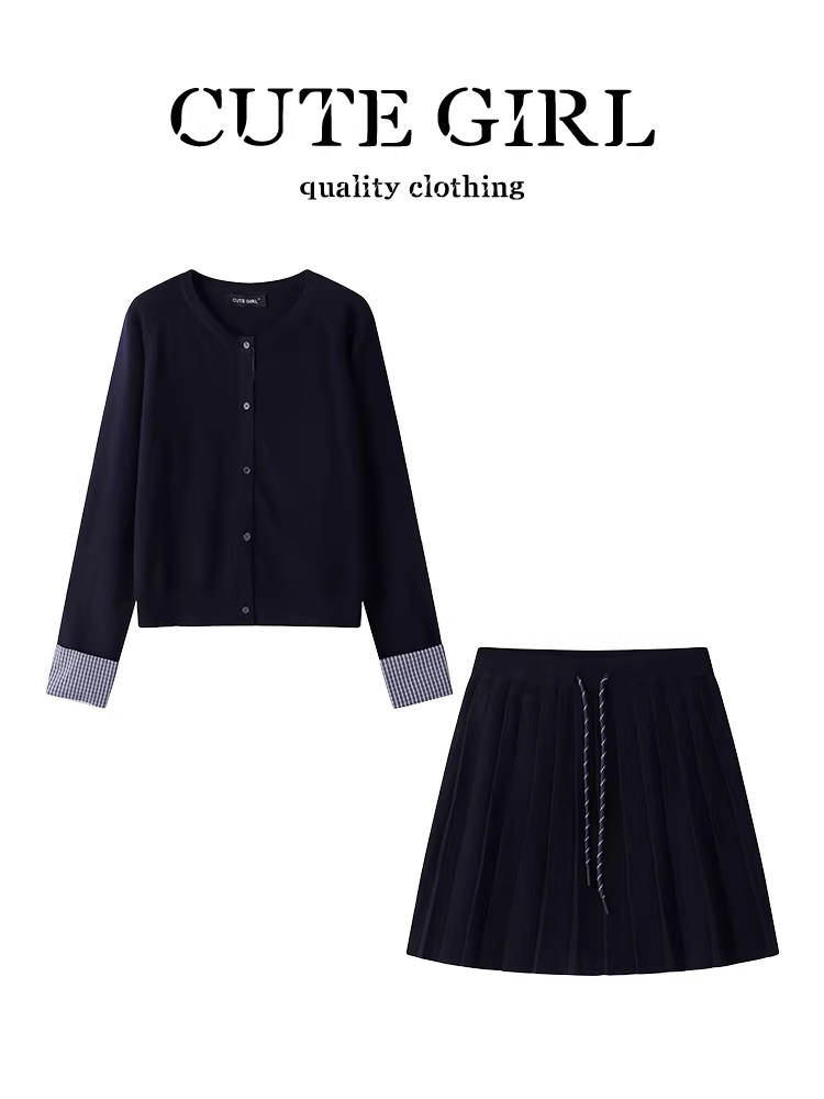 CuteGirl phong cách Hàn Quốc Bộ đồ độc đáo và siêu xinh dành cho nữ, áo len dệt kim cổ tròn thanh lịch mùa thu và váy hai mảnh