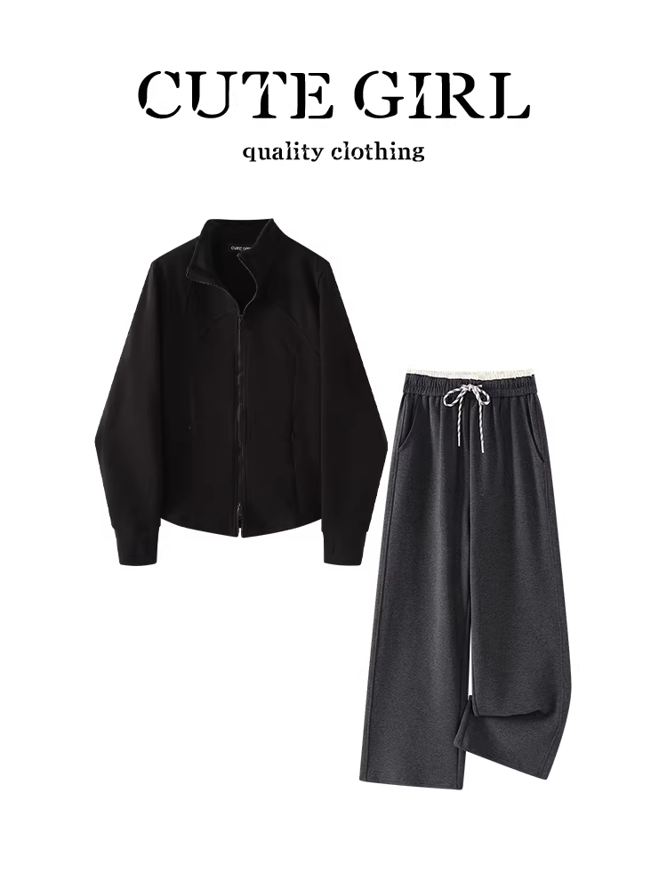 CuteGirl đầu thu bộ đồ nhỏ xinh phong cách Hàn Quốc dành cho nữ, áo len cổ đứng màu xám đậm mùa thu, quần ống rộng thường ngày, bộ hai món
