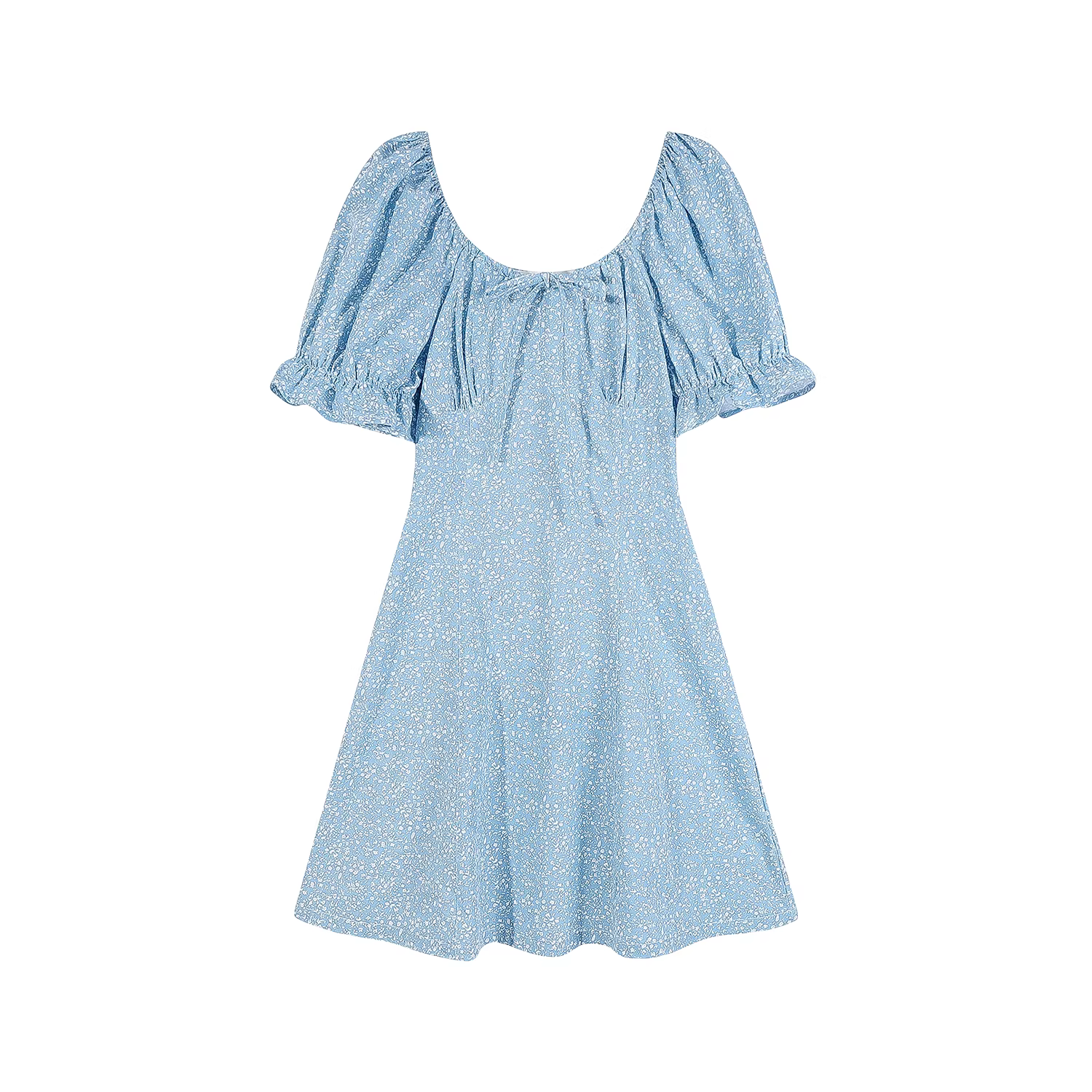 Váy hoa tay phồng màu xanh Pháp dễ thương dành cho nữ mùa hè 2025 kiểu dáng mới, dáng chữ A dài, size nhỏ